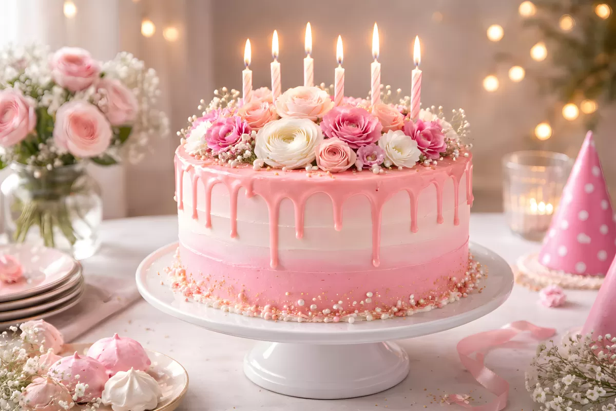 Stilvoll dekorierte Geburtstagsfeier mit pinker Torte und Blumen