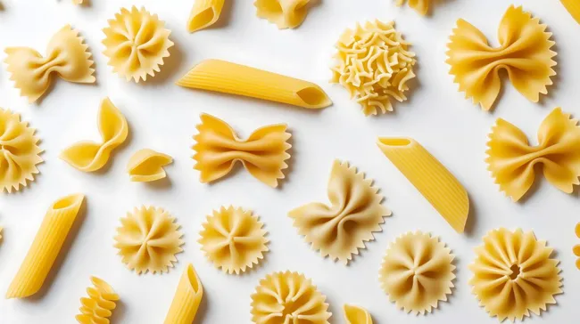 Stilvolle Anordnung bunter Pasta-Sorten auf weißem Hintergrund