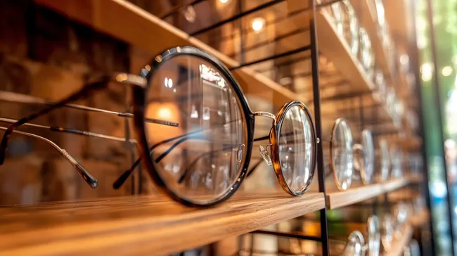 Stilvolle Brillen-Auswahl in moderner Optiker-Vitrine