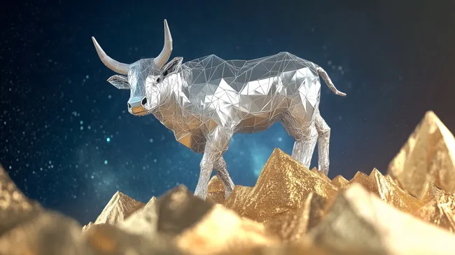 Stilvolle Polygon-Kuh vor goldenen Bergen