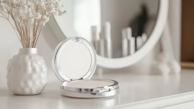 Stilvolle Puderdose auf weißem Schminktisch