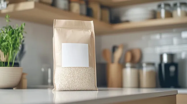 Stilvolle Reis-Verpackung mit leerer Etikette in moderner Küche