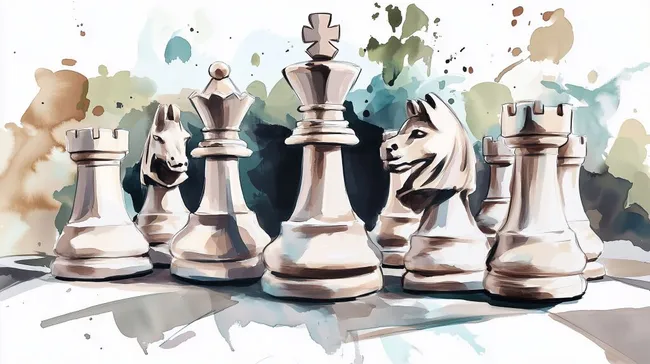 Stilvolle Schachfiguren auf Aquarellhintergrund