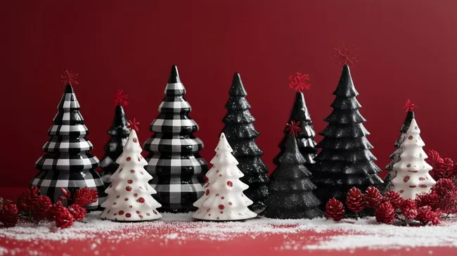 Stilvolle Schwarz-Weiß-Weihnachtsbäume auf rotem Hintergrund
