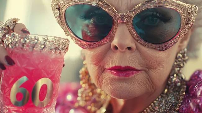 Stilvolle Seniorin feiert 60. Geburtstag mit Cocktail