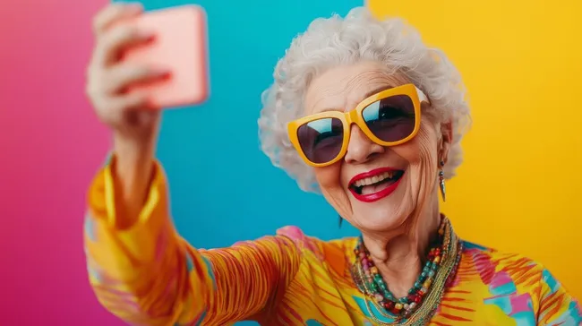 Stilvolle Seniorin fotografiert sich selbst