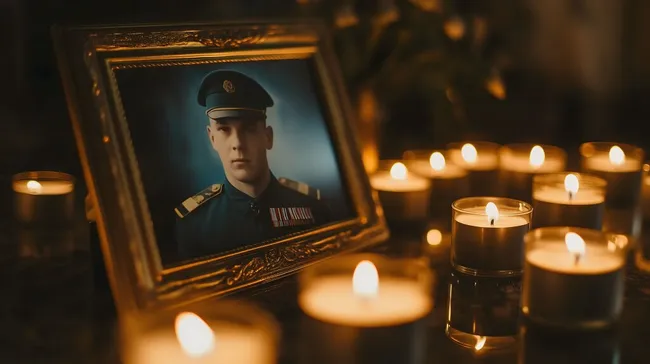 Stilvoller Gedenkrahmen mit Soldatenbild und Kerzenlicht
