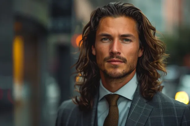 Stilvoller Herrenanzug mit langer Lockenpracht