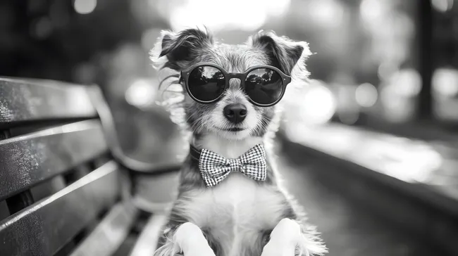 Stilvoller Hund mit Sonnenbrille und Fliege auf Parkbank