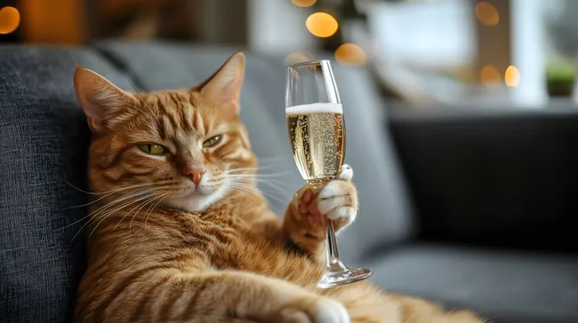 Stilvoller Kater genießt Champagner in häuslicher Szenerie