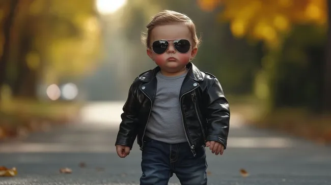Stilvoller Kleinkind-Modetrend: Lässiges Outfit mit Lederjacke und Sonnenbrille