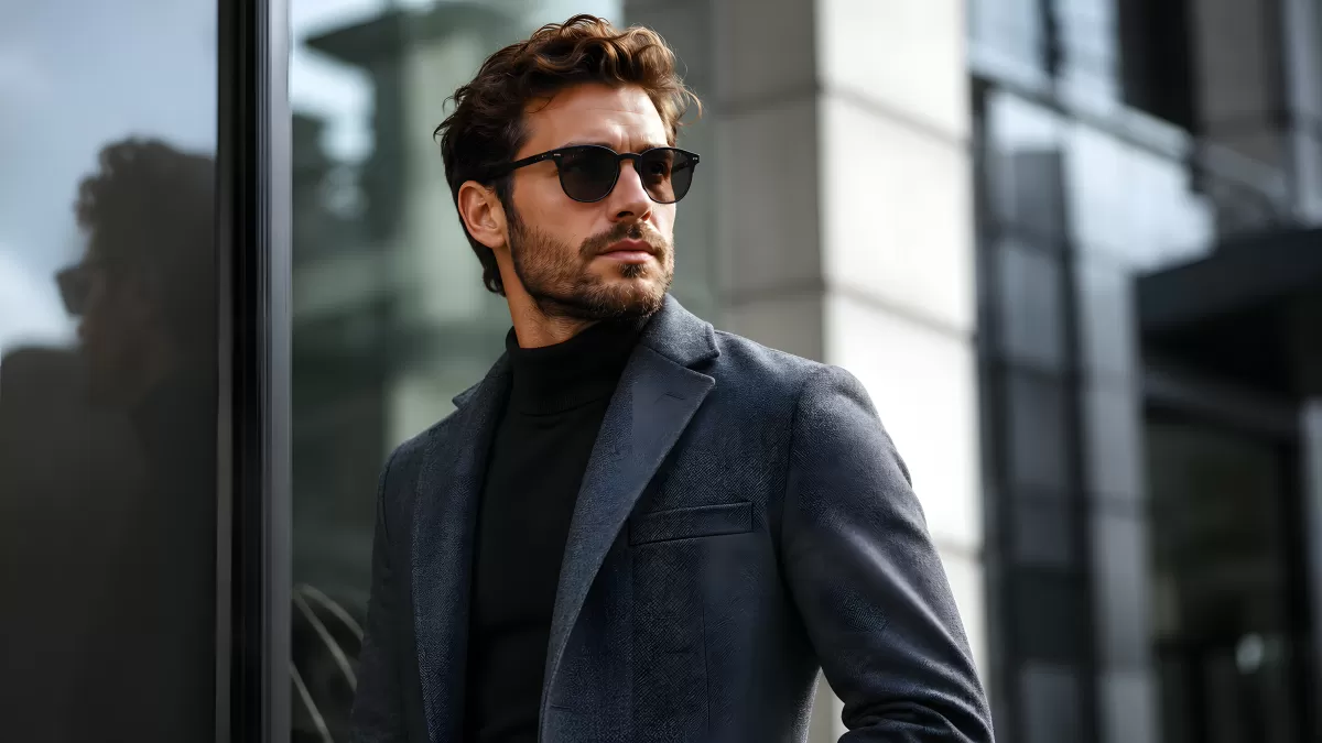 Stilvoller Mann im grauen Blazer mit Sonnenbrille