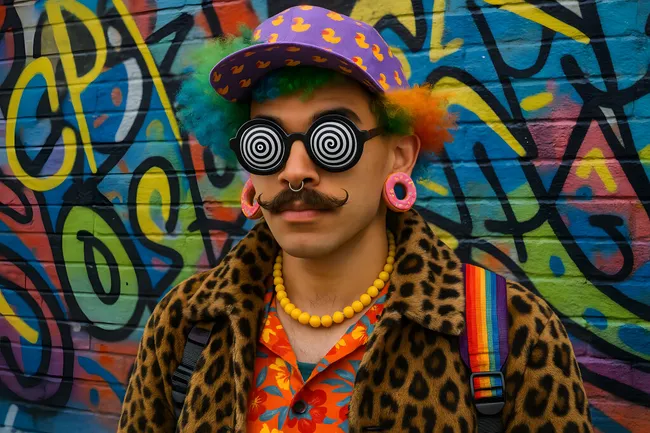 Stilvoller Streetart-Darsteller in buntem Outfit