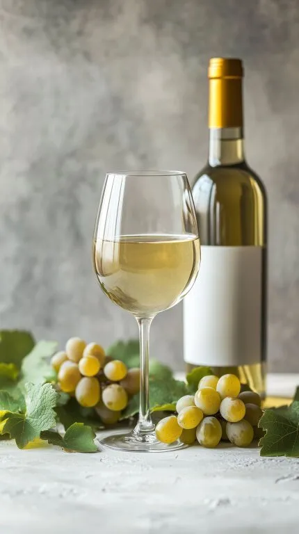 Stilvoller Weißwein und Weintrauben auf Steinoberfläche