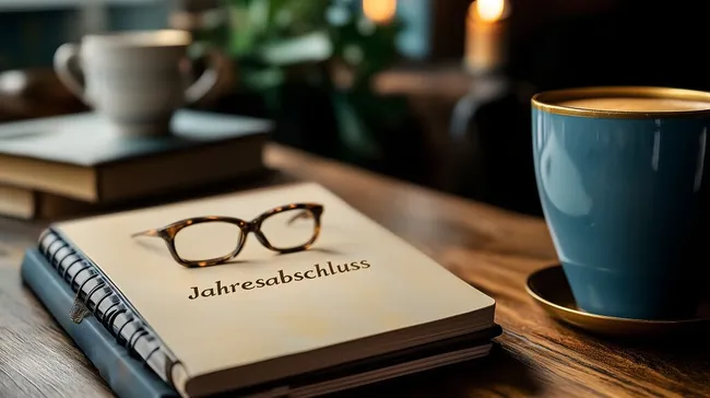 Stilvolles Büroarrangement mit Jahresabschluss-Notizbuch und Kaffeetasse