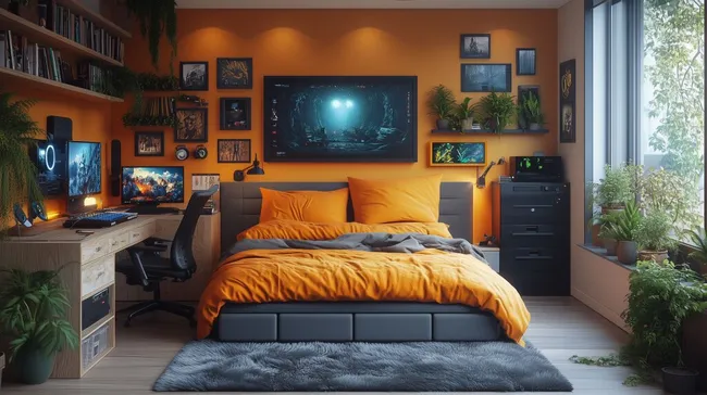 Stilvolles Gaming-Schlafzimmer mit Naturaccents