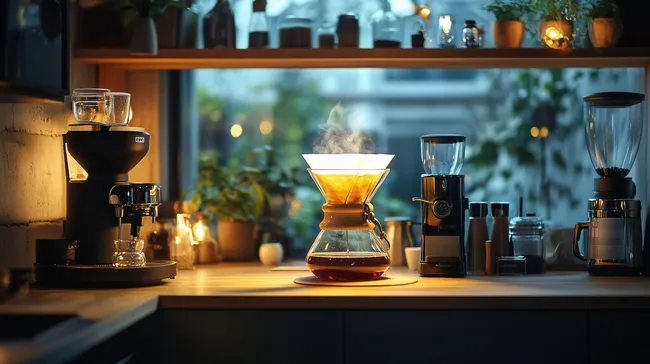 Stilvolles Kaffeezubereitungs-Setup mit gemütlicher Beleuchtung