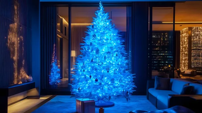 Stimmungsvoll beleuchteter Weihnachtsbaum in luxuriöser Inneneinrichtung