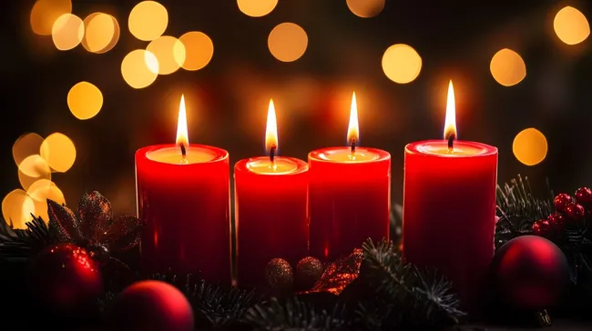 Stimmungsvolle Adventskranz-Szene mit Kerzen und Bokeh-Beleuchtung