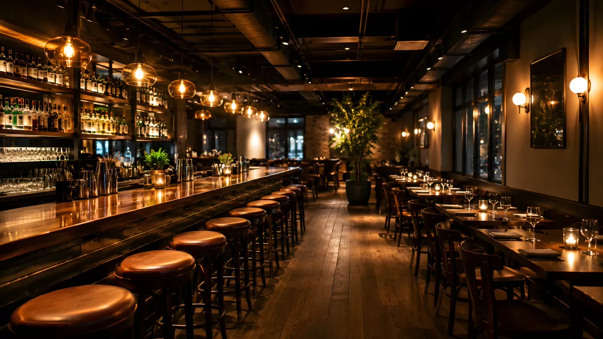 Stimmungsvolle Bar mit Holztheke und warmem Licht