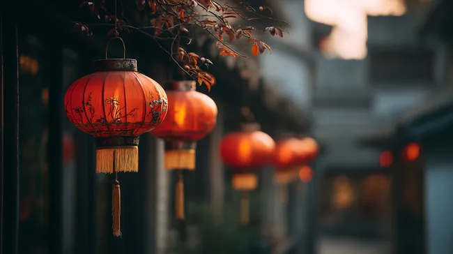 Stimmungsvolle Chinesische Laternen bei Abendlicht