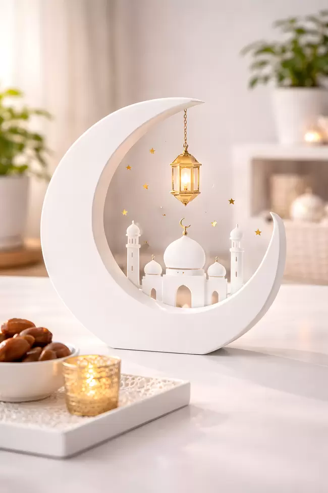 Stimmungsvolle Ramadan-Dekoration mit hängender Laterne und Moschee