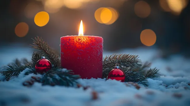 Stimmungsvolle Weihnachtskerze mit Tannenzweigen und Kugeln im Schnee