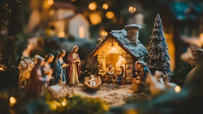 Stimmungsvolle Weihnachtskrippe mit beleuchteter Hütte