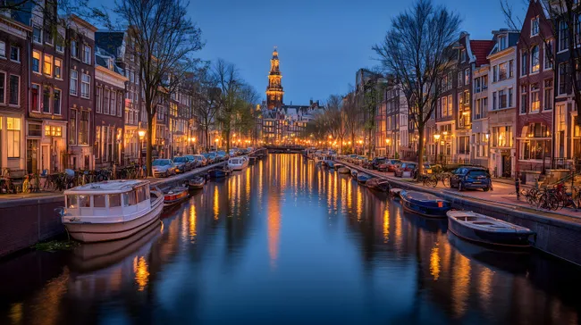 Stimmungsvoller Blick auf die beleuchteten Kanäle von Amsterdam