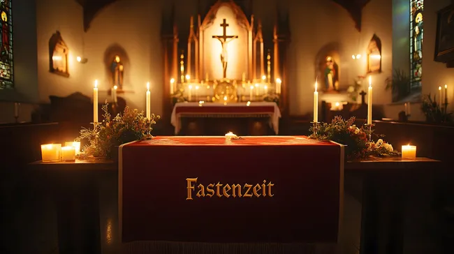 Stimmungsvoller Kircheninnenraum mit Altar und Fastenzeitdekor