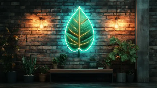 Stimmungsvoller Neon-Blattdekor in rustikaler Backsteinwand