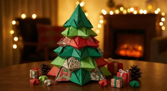 Stimmungsvoller Origami-Weihnachtsbaum mit Geschenken