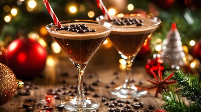 Stimmungsvoller Weihnachts-Espresso-Martini mit Kaffee-Dekoration