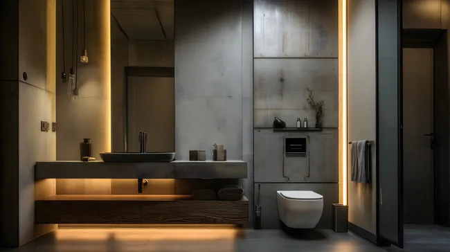 Stimmungsvolles Badezimmer mit Betonwänden und Holzdetails