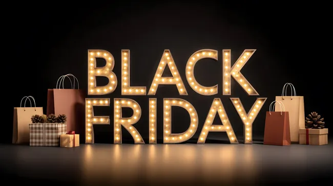 Stimmungsvolles Black Friday Dekor mit Beleuchtung