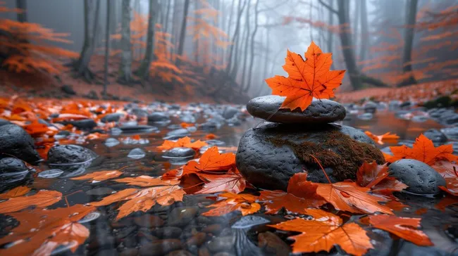 Stimmungsvolles Herbstbild mit Zen-Steinen und Ahornblättern