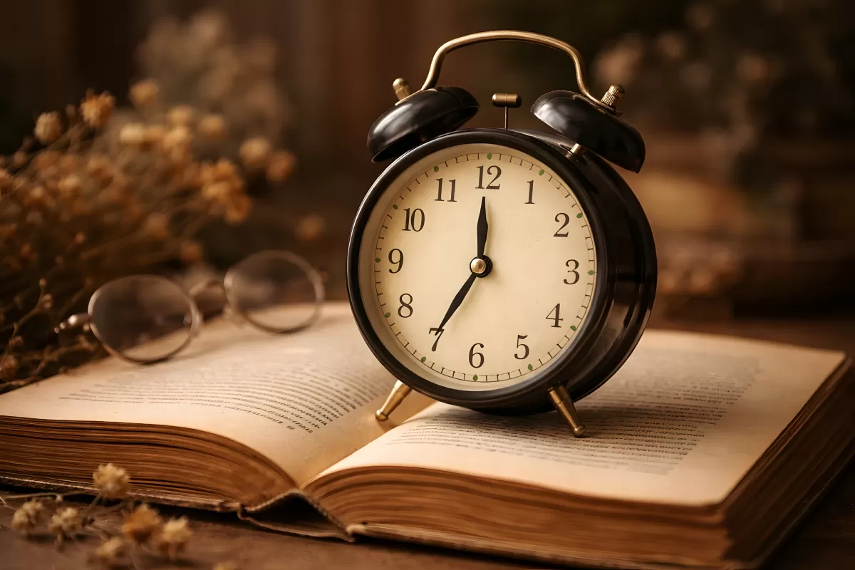 Stimmungsvolles Stilleben mit Weckuhr und offenem Buch