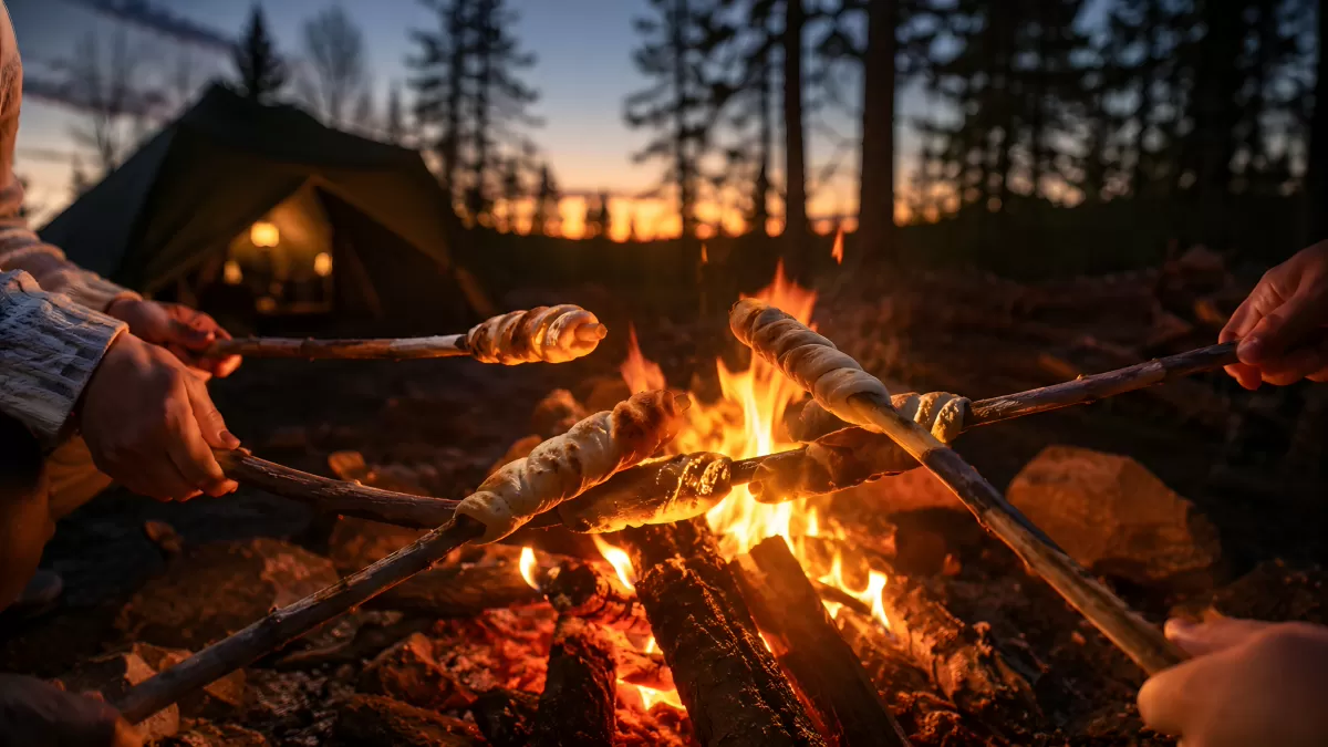 Stockbrot über dem Lagerfeuer beim Camping im Wald