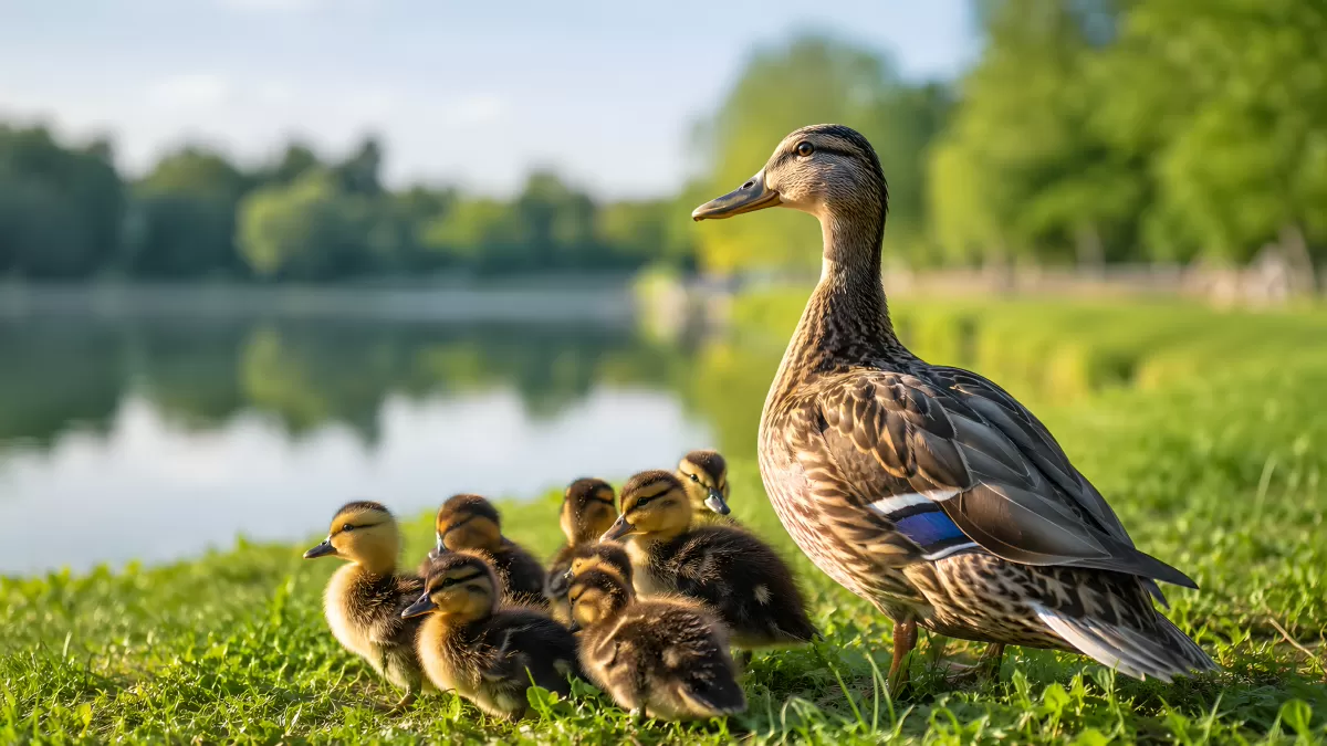 Stockente mit Küken am Seeufer im Frühling