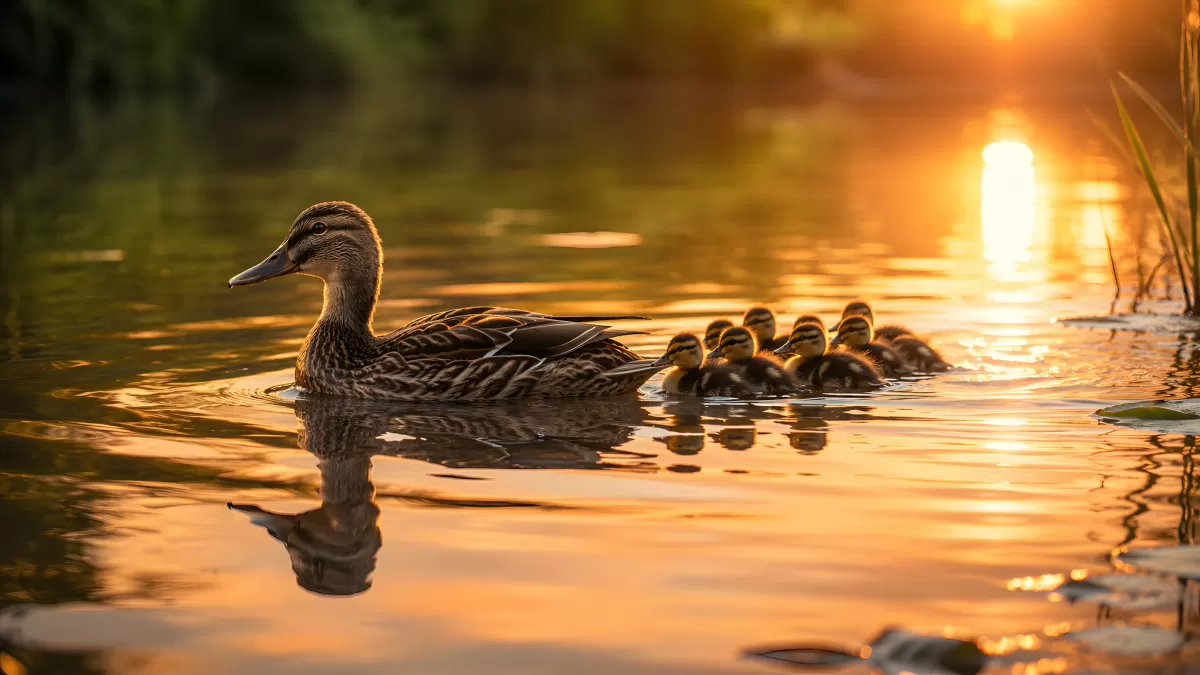 Stockente mit Küken schwimmt im Sonnenuntergang