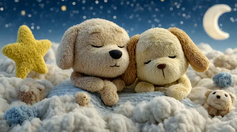 Stoffhunde schlafen auf Wolkendecke unter Sternenhimmel