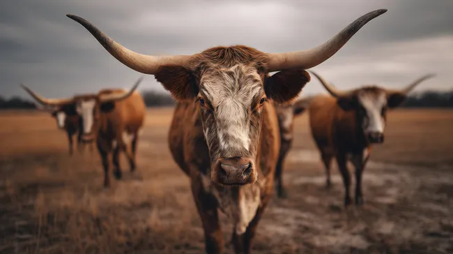 Stolze Longhorn-Rinder auf der Weide bei Tageslicht