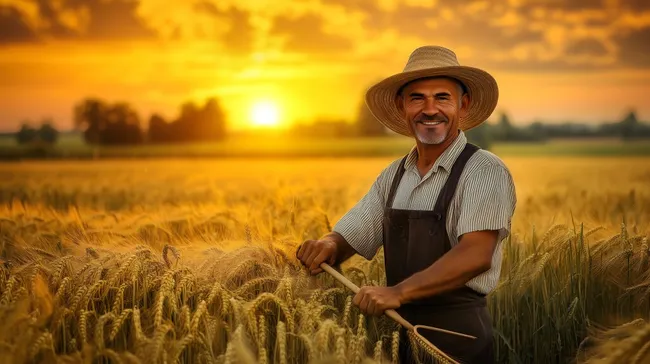 Stolzer Bauer bei Sonnenuntergang auf Weizenfeld