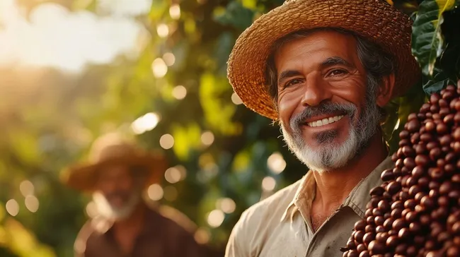 Stolzer Landwirt präsentiert seine Kaffeeernte