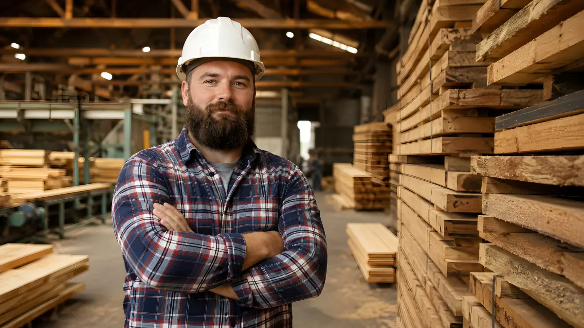 Stolzer Schreiner im Sägewerk zwischen Holzstapeln
