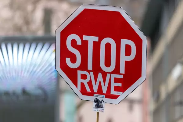 'STOP RWE - Tschö Braunkohle, tschö Wachstumwahn, Dinosaurier sterben aus' Zeichen auf Fridays For Future