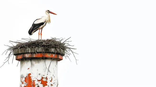 Storch baut Nest auf Schornstein in urbaner Umgebung