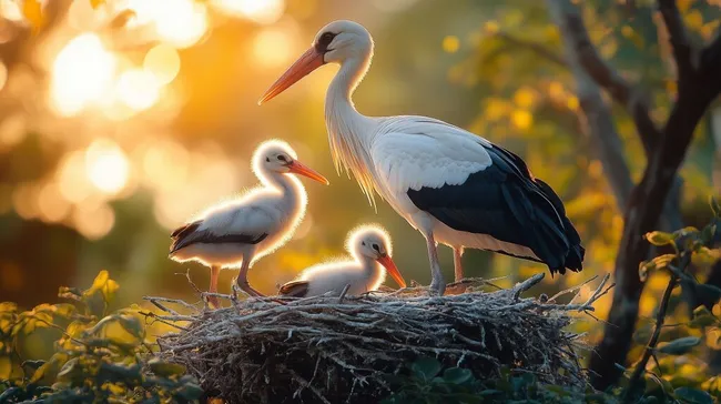 Storchfamilie im malerischen Nest bei Sonnenuntergang