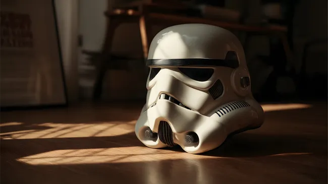 Stormtrooper-Helm im warmen Licht auf Holzboden