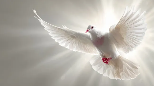 Strahlend-weiße Taube im Flug mit leuchtenden Strahlen